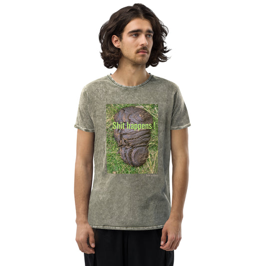 Shit happens ! Folk wisdom. Denim T-shirt, unisex