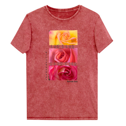 A ROSE IS A ROSE...! Gertrude Stein. Denim T-shirt, unisex