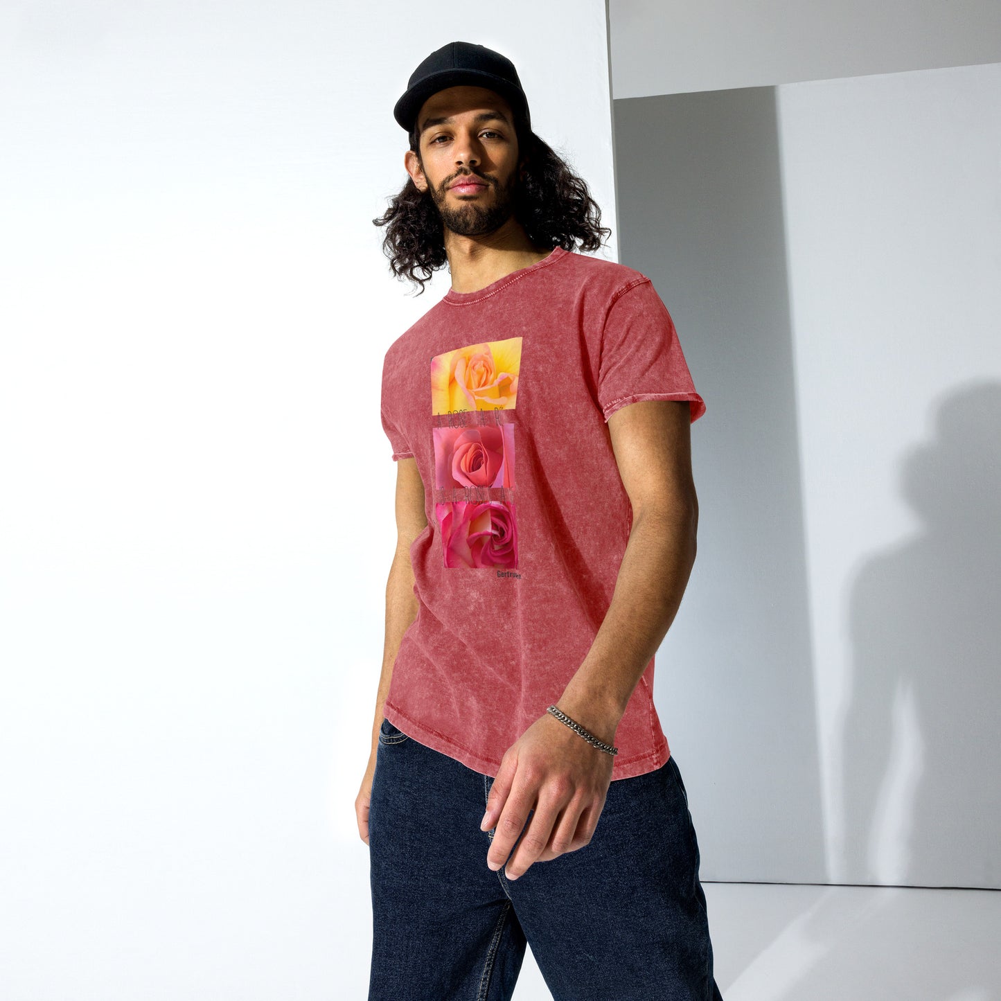 A ROSE IS A ROSE...! Gertrude Stein. Denim T-shirt, unisex